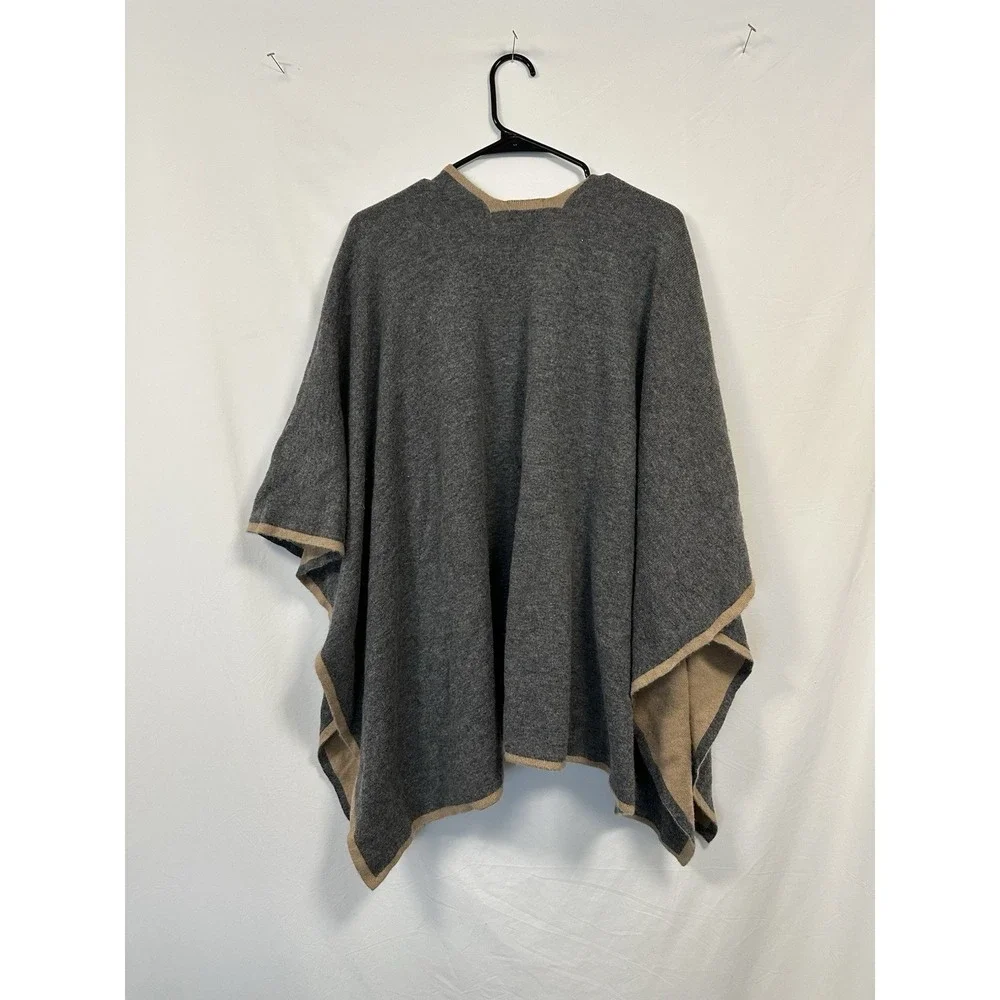 Wool-Cashmere Poncho Wrap Shawl Reversible‎ Gray Tan Soft Warm NEW